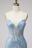 Strapless Corset Memriad Sparkly Light Blue Maxi Prom Dress