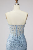 Strapless Corset Memriad Sparkly Light Blue Maxi Prom Dress