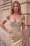 Corset Champagne Sparkly Mermaid Cold Shoulder Satin Maxi Prom Dress