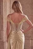 Corset Champagne Sparkly Mermaid Cold Shoulder Satin Maxi Prom Dress