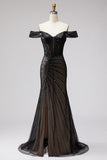 Off The Shoulder Corset Mermaid Sparkly Black Maxi Prom Dress