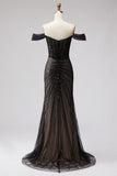 Off The Shoulder Corset Mermaid Sparkly Black Maxi Prom Dress