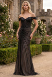 Off The Shoulder Corset Mermaid Sparkly Black Maxi Prom Dress