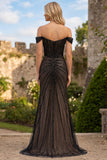 Off The Shoulder Corset Mermaid Sparkly Black Maxi Prom Dress