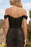 Off The Shoulder Corset Mermaid Sparkly Black Maxi Prom Dress