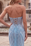 Strapless Beaded Mermaid Light Blue Long Prom Dress with Pearls