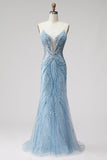 Strapless Beaded Mermaid Light Blue Long Prom Dress with Pearls