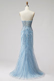 Strapless Beaded Mermaid Light Blue Long Prom Dress with Pearls