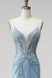 Strapless Beaded Mermaid Light Blue Long Prom Dress with Pearls