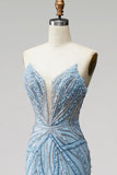 Strapless Beaded Mermaid Light Blue Long Prom Dress with Pearls