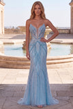 Strapless Beaded Mermaid Light Blue Long Prom Dress with Pearls