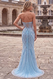 Strapless Beaded Mermaid Light Blue Long Prom Dress with Pearls