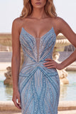 Strapless Beaded Mermaid Light Blue Long Prom Dress with Pearls