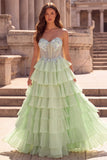 Corset Strapless A Line Sparkly Floral Tiered Light Green Maxi Prom Dress