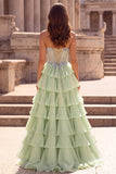 Corset Strapless A Line Sparkly Floral Tiered Light Green Maxi Prom Dress