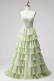 Corset Strapless A Line Sparkly Floral Tiered Light Green Maxi Prom Dress