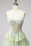 Corset Strapless A Line Sparkly Floral Tiered Light Green Maxi Prom Dress