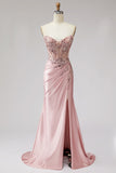 Corset Strapless Sparkly Pink Mermaid Satin Maxi Prom Dress