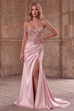 Corset Strapless Sparkly Pink Mermaid Satin Maxi Prom Dress
