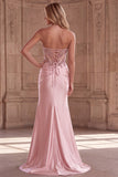 Corset Strapless Sparkly Pink Mermaid Satin Maxi Prom Dress