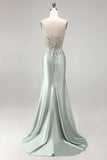 Strapless Corset Mermaid Sparkly Light Green Floral Maxi Prom Dress