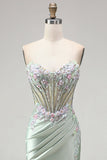 Strapless Corset Mermaid Sparkly Light Green Floral Maxi Prom Dress