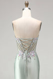 Strapless Corset Mermaid Sparkly Light Green Floral Maxi Prom Dress