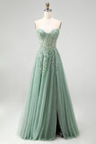 Strapless Corset A Line Green Sparkly Maxi Prom Dress With Embroidery