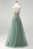 Strapless Corset A Line Green Sparkly Maxi Prom Dress With Embroidery