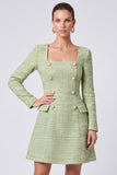 Light Green Tweed A-Line Short Work Dress with Long Sleeves