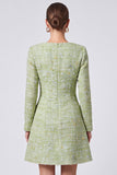 Light Green Tweed A-Line Short Work Dress with Long Sleeves
