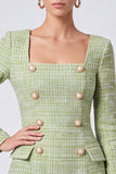 Light Green Tweed A-Line Short Work Dress with Long Sleeves