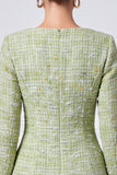 Light Green Tweed A-Line Short Work Dress with Long Sleeves