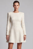 Ivory Long Sleeve A-Line Tweed Short Work Dress