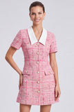 A-Line Pink Short Sleeve Tweed Short Work Dress