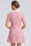 A-Line Pink Short Sleeve Tweed Short Work Dress