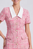 A-Line Pink Short Sleeve Tweed Short Work Dress
