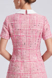 A-Line Pink Short Sleeve Tweed Short Work Dress