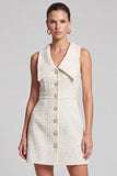A-Line Tweed Ivory Single Breasted Short Work Dress
