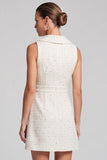 A-Line Tweed Ivory Single Breasted Short Work Dress