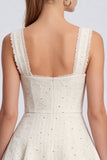 Ivory Thick Straps Tweed A-Line Short Work Dress