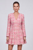 V-Neck A-Line Tweed Pink Short Work Dress