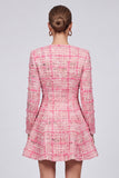 V-Neck A-Line Tweed Pink Short Work Dress