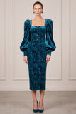 Sheath Puff Sleeve Peacock Blue Velvet Blue Floral Midi Work Dress