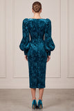 Sheath Puff Sleeve Peacock Blue Velvet Blue Floral Midi Work Dress