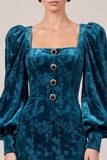 Sheath Puff Sleeve Peacock Blue Velvet Blue Floral Midi Work Dress