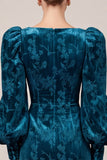 Sheath Puff Sleeve Peacock Blue Velvet Blue Floral Midi Work Dress