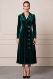 Notch Lapel Velvet A-Line Dark Green Midi Work Dress