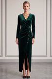 Dark Green Long Sleeve Sheath Velvet Midi Work Dress