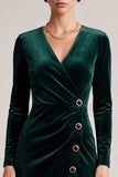 Dark Green Long Sleeve Sheath Velvet Midi Work Dress
